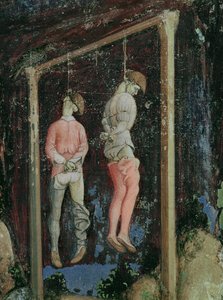 聖ジョージとトレビゾンドの王女、左側からぶら下がっている2人の詳細、1433-38年頃 作： Antonio Pisanello